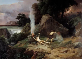 Abel Kains Tod, eifersüchtig, tötet seinen Bruder Abel. Gemälde von Jean Charles Remond (1795-1875) 1838