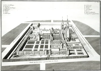Ansicht der Abtei Saint-Germain-des-Pres vor 1640, graviert von Antoine Herisset (1685-1769)