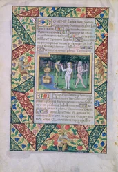 Ms Lat. Q.v.I.126 fol.12v Die Versuchung im Garten Eden, aus dem Stundenbuch von Louis d