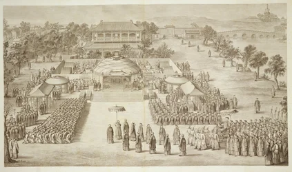 Der Kaiser Qianlong empfängt die Huldigung der besiegten Eleuths (Tartar Kalmucks), Platte 2 aus einer Serie von Drucken, die die Eroberungen des Kaisers von China darstellen, graviert von Jacques Philippe Le