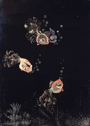 Ein lackiertes Panel von Jean Dunand, das eine Unterwasserszene mit roten und goldenen Fischen zeigt, die Luftblasen blasen