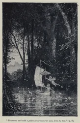 "Sechs Schwäne, jeder mit einem goldenen Reif um den Hals, zogen das Boot" (Gravur)