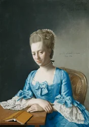 Porträt von Grace, Gräfin von Clanbrassil, geb. Foley, Halbfigur, in einem blauen Kleid, sitzend an einem Tisch, ihre Hände gekreuzt, 1774