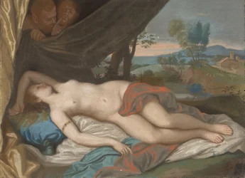 Schlafende Nymphe, von Satyrn beobachtet, nach einem Gemälde, das auf einem Stich nach Anthony van Dyck basiert