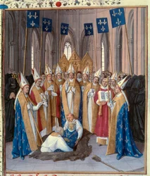 Begräbnis von König Philipp IV. dem Schönen in der Basilika Saint Denis. Miniatur aus The Chronicles of Saint Denis von Jean Fouquet. 15. Jahrhundert. Paris, B.N.
