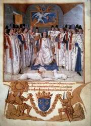 Abhaltung eines Kapitels des Ordens vom Heiligen Michael um Ludwig XI. (1423-1483). Miniatur aus „Statuten des Ordens vom Heiligen Michael“ von Jean Fouquet (1420-1481) 1470 Paris, B.N.