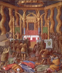 Ms Fr 247 f.293 Schändung des Tempels von Jerusalem im Jahr 63 v. Chr. durch Pompeius und seine Soldaten, Illustration aus „Jüdische Altertümer“, ca. 1470