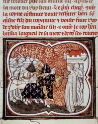 Königin Konstanze von Arles (986-1032) ergibt sich ihrem Sohn Heinrich I., König von Frankreich (1008-1060). Miniatur aus „Les grandes Chroniques de France“ von Jean Fouquet (1420-1481) 15. Jahrhundert Paris, BN