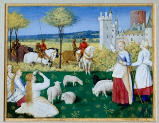 Heilige Margarita von Antiochia (3. Jahrhundert) und Olibrius auch bekannt als Margarita, die Schafe hütet. Episode aus der „Legenda Aurea“ von Jacobus de Voragine (1228-1298). Präfekt Olibrius verliebt sich plötzlich in Margarita, eine junge Schäferin, di
