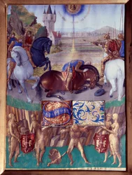 Der heilige Paulus auf dem Weg nach Damaskus. Miniatur aus „Das Stundenbuch des Etienne Chevalier“ von Jean Fouquet (1420-1477/1481)