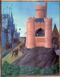Belagerung von Avignon (1226). Tod Ludwigs VIII. Krönung des Heiligen Ludwig (Ludwig IX.). Miniatur in den „Grandes Chroniques de France“ (251v)