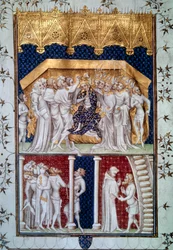Die Krönung Karls VI. (1368-1422) durch die Pairs von Frankreich am 16/09/1380. Miniatur aus den „Grandes Chroniques de France“, 15. Jahrhundert, Paris, Bibliothèque nationale