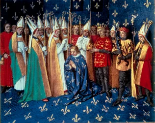 Die Krönung Philipp Augusts in Reims am 1/11/1179. Miniatur aus den Chroniken von Saint-Denis, 15. Jahrhundert. Paris, B.N.