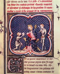 Der Bürgermeister des Palastes Karl Martell (688-741) und sein Kämmerer empfangen einen Boten des Herzogs von Eudes von Aquitanien (681-736). Miniatur aus Jean Fouquets „Les grandes Chroniques de France“ (1420-1481) 15. Jahrhundert Paris, BN