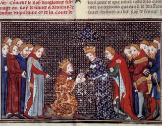 Der Tribut von König Edward III. von England (1312-1377) an Philipp VI. von Valois (1294-1350), König von Frankreich, im Jahr 1330. Miniatur aus „Les grandes chroniques de France“ von Jean Fouquet (1420-1481)