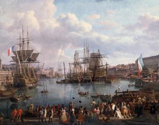 Ansicht des Hafens von Brest im 18. Jahrhundert, Detail. Gemälde von Jean-François Hue (1751-1823), 18. Jahrhundert