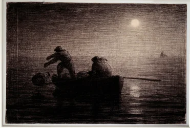 Hummerfischer werfen ihre Tonkrüge, Nachteffekt. Schwarze Bleistiftzeichnung von Jean Francois Millet (1814-1875), ca. 1856-1858