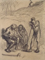 Drei Bauern ruhen sich aus, einer lehnt auf einem Spaten, ca. 1850-1851
