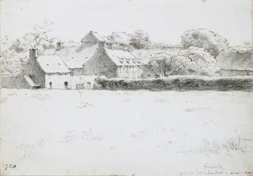 Ansicht von Bauerngebäuden über ein Feld, 1871