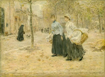 Zwei Wäscherinnen überqueren einen kleinen Park in Paris, ca. 1890