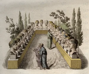 Physiognomie - Physiognomik - Mehrere Philosophen, die verschiedene Physiognomien beobachten und zu durchdringen versuchen - Gravur von 1808 in „Die Kunst, Menschen durch Physiognomie zu erkennen“ von Johann Caspar Lavater (1741-1801) - 1806.