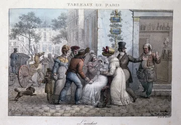 Alte Straßenszene in Paris: der Unfall (Frau von Passanten unterstützt). Gravur von Jean Henry Marlet (1771-1847) in „Les Tableaux de Paris“, Serie von 72 Drucken, späte 19. Jahrhundert.