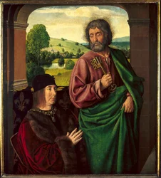 Porträt von Pierre II de Beaujeu, Herzog von Bourbon (1439-1505), präsentiert von Saint Pierre