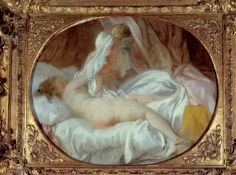 Erotika: „Das ausgezogene Hemd“. Eine junge Frau zieht mit der Hilfe eines Amors ihr Hemd aus. Vor 1778. Maße: 0,35 x 0,42 m.