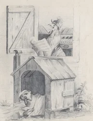 Hund in der Hundehütte, Hahn kräht am Fenster, ca. 1842.