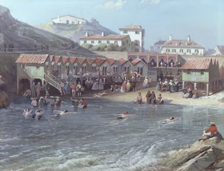 Der Beginn des Seeschwimmens im Alten Hafen von Biarritz, 1858 (Detail)