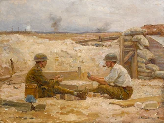 Zwei britische Offiziere spielen Karten vor ihrem Unterstand, Sektor de Bapaume, 1918-20