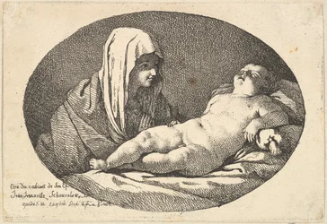 Die Jungfrau links beobachtet das schlafende Jesuskind, eine ovale Komposition, nach ..., 1760-63