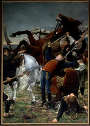 Französische Revolution: „Der Tod des Joseph Bara (1779-1793)“. Joseph Bara oder Barra (1780-1793) war ein kindlicher Held der Französischen Revolution, der in der Vendée für die Republik kämpfte. 1883. Maße: 3,50 x 2,50 m. Paris, Musée d