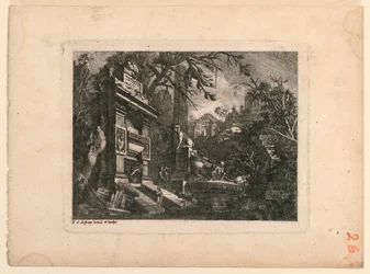 Architektonische Fantasie mit Grab und Ruinen, Platte aus "Rovine Inventione de Giovan. Loren, Legeay Architet. Intagliate da lui stesso in Luce 1768"