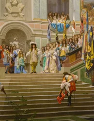 Empfang von Louis II. de Bourbon Conde, genannt der Große Conde, durch König Louis XIV. in Versailles im Jahr 1674