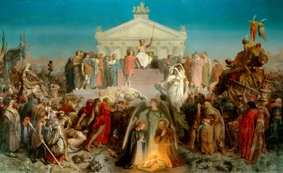 Das Zeitalter des Augustus: Geburt unseres Herrn Jesus Christus. Triumph des Augustus (Octavian oder Octavian, 63 v. Chr.-14 n. Chr.), römischer Kaiser. Illustration zum Werk „Universalgeschichte, 9. Epoche“ von Jacques Bénigne Bossuet (1627-1704)