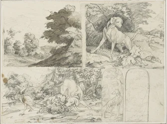Skizzen eines bewaldeten Ortes, Hunde und Fasane in der Landschaft