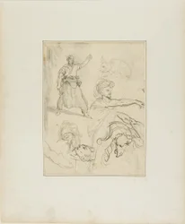 Studien eines Schmieds und eines Pferdekopfes mit Skizzen anderer Figuren und eines Kaninchens