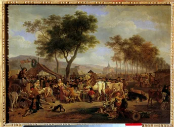 Jahrmarkt am Dorfeingang. Szene von Essen und Handel auf einem Dorffest