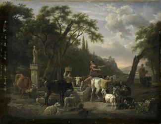Italienische Landschaft mit Hirten und Tieren an einem Brunnen