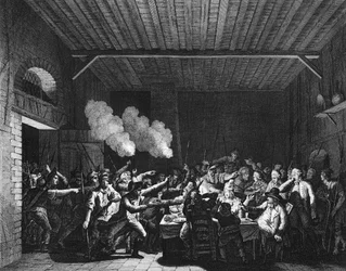 Französische Revolution: Die Patrioten von Varennes betreten den Lebensmittelladen Sauce und erkennen König Ludwig XVI. (1754-1793) auf der Flucht