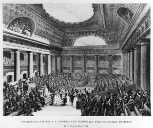 Von Künstlerinnen am 7. September 1789 in der Salle des Menus-Plaisirs der Nationalversammlung dargebrachte Gaben, gestochen von Pierre Gabriel Berthault (1737-1831)
