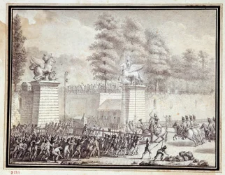 Französische Revolution: Monsieur de Lambesc betritt die Tuilerien mit einem Detachement des königlichen deutschen Regiments am 12. Juli 1789