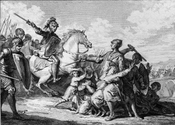 Ermordung der Söhne von Thierry II. von Burgund im Jahr 613, in Anwesenheit von Chlothar II. (584-628), König von Neustrien. Darunter Sigebert II. (601-613). Gravur von Jean Michel Moreau, genannt Moreau le Jeune (1741-1814)