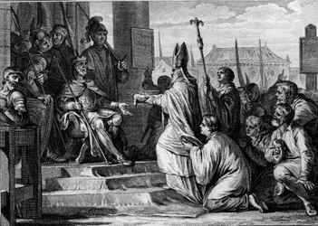 Karl der Große (747-814), König der Franken, erhält die eiserne Krone von Lombardei aus den Händen des Bischofs von Mailand, 774. Gravur von Jean Michel Moreau, genannt Moreau le Jeune (1741-1814)