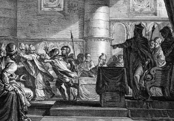 Klerus zwischen Klerus und Adel versammelt im Parlament in Epernay (Marne) durch Karl den Kahlen (846). Gravur von J. P. Le Bas nach Moreau le jeune. 18. Jahrhundert.