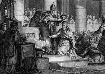 Krönung von Karl dem Großen, 25. Dezember 800: Der König der Franken (747-814) wird von Papst Leo III. (750-816) in der Peterskirche in Rom zum Kaiser des Westens geweiht. Gravur von Jean Michel Moreau, genannt Moreau le Jeune (1741-1814)