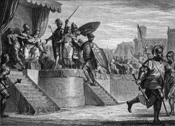 Ende der Merowinger-Dynastie, 751: Absetzung von König Childerich III. (ca. 714-754) durch Pippin den Kurzen (714-768). Gravur von Jean Michel Moreau, genannt Moreau le Jeune (1741-1814)