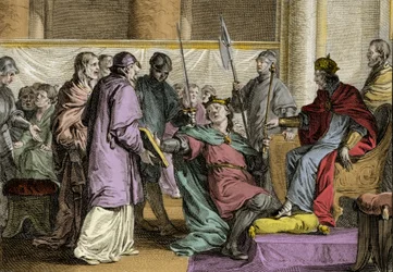 Erispoe (gestorben 857), König der Bretagne, erhält die Insignien des Königreichs von Karl II. dem Kahlen (823-877), 851. Gravur von Jean Michel Moreau, genannt Moreau le Jeune (1741-1814)