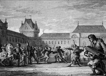 Einrichtung von Pagen: Ausbildung in den körperlichen und häuslichen Aufgaben des Pagenberufs. Karolingische Zeit, Herrschaft von Karl dem Großen, 8.-9. Jahrhundert. Gravur von Jean Michel Moreau, genannt Moreau le Jeune (1741-1814)